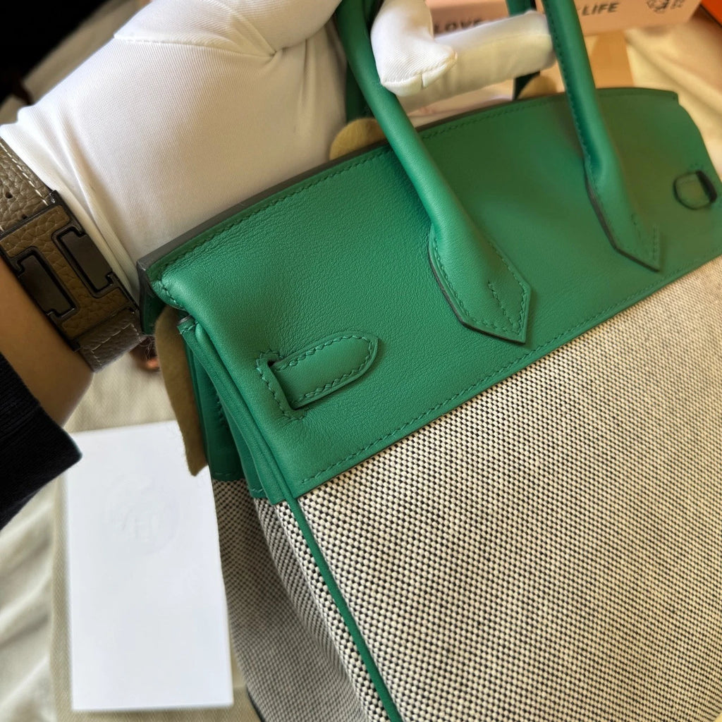 Hermes Birkin25 Canvas Green Silver Handbag For Women
