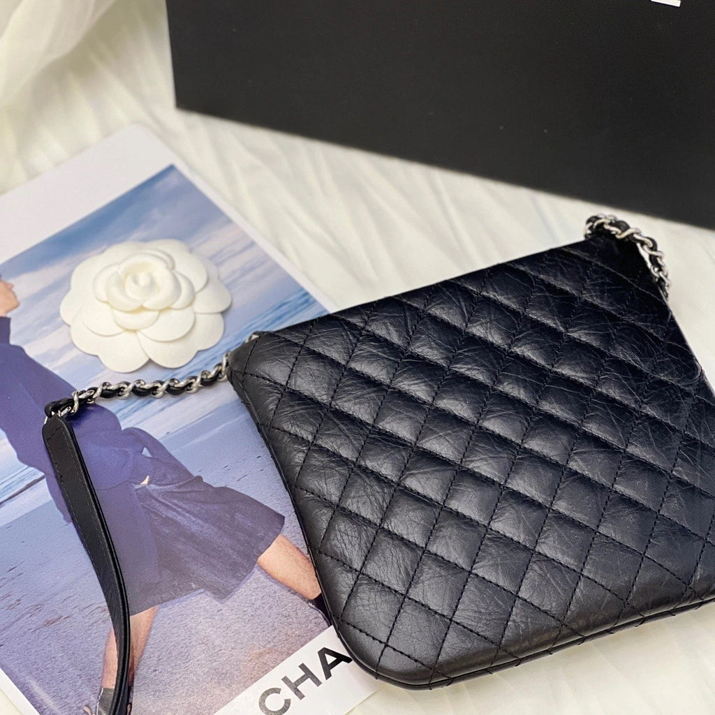 CHANEL Black Silver Leather Messenger Bag For Women