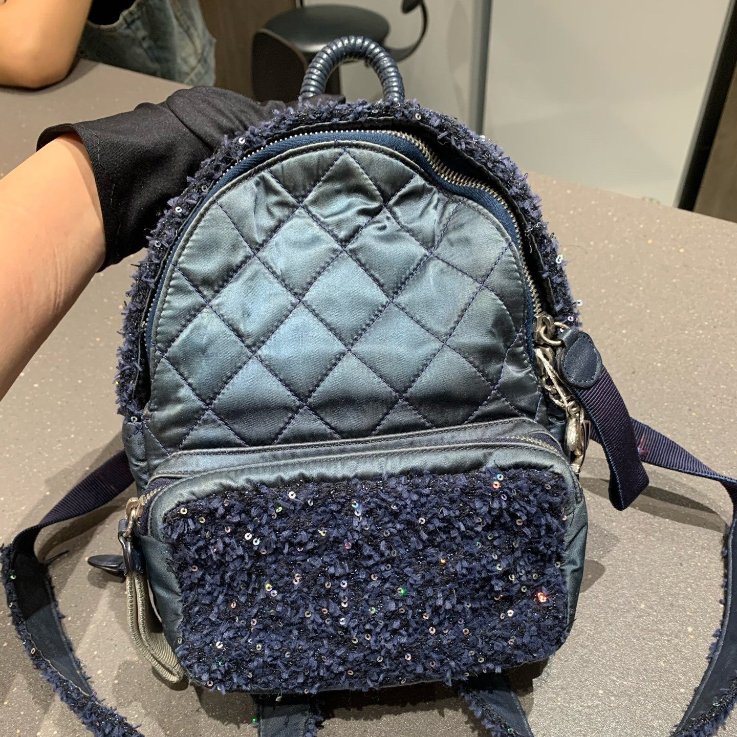 Chanel Classic Black Silver Sequin Tweed Backpack Quilted Pattern