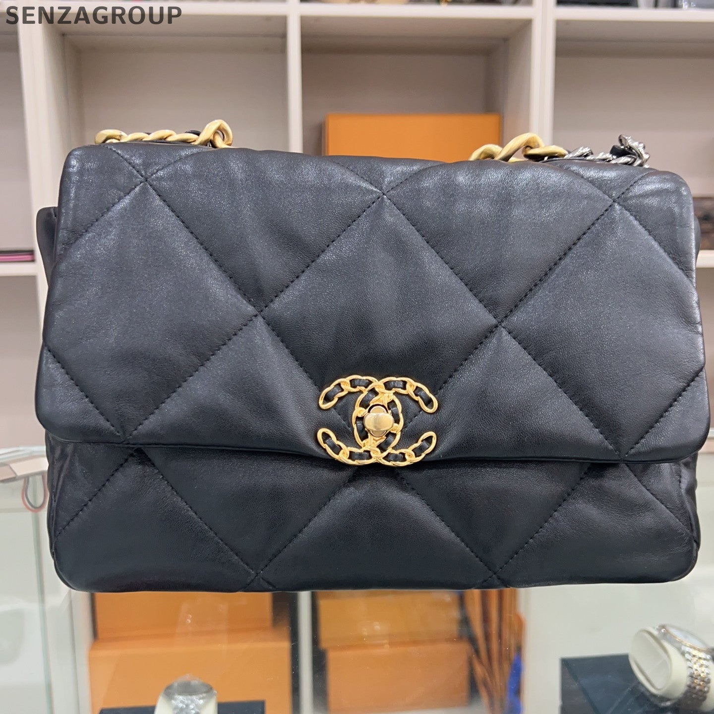 Chanel 19 Medium Black Lambskin Gold Chain Shoulder Bag Classic Women