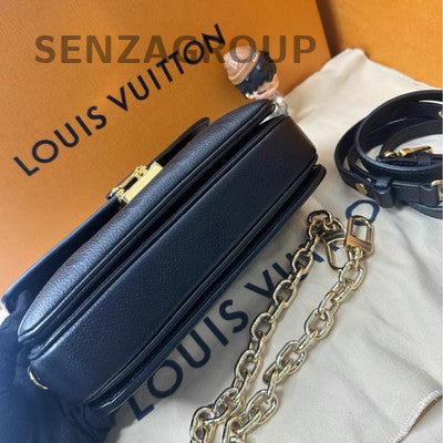 LV Black Gold All Leather Messenger Chain Crossbody Bag Women Fashion
