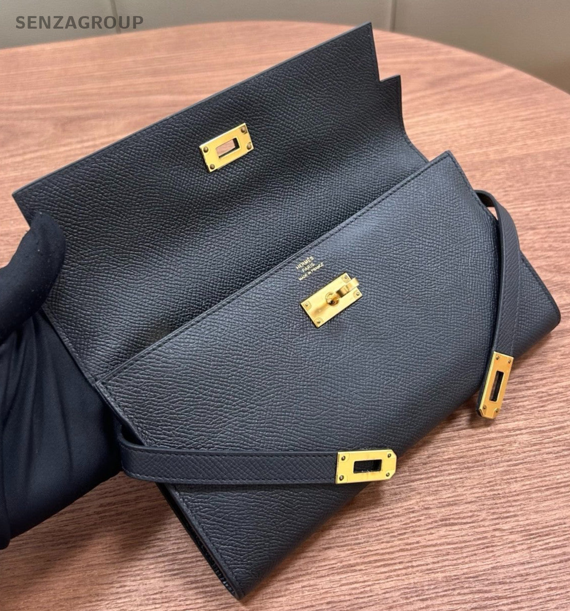 Hermes Kelly Long Wallet Black Gold Women