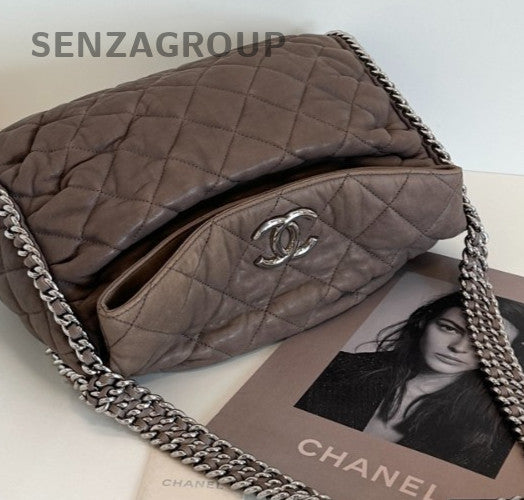Chanel Hobo Chain Shoulder Bag Brown Silver Diamond Women Classic Designer