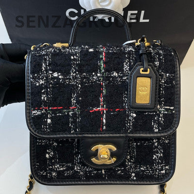 Chanel 22K Black Tweed Chain Crossbody Bag Gold Hardware Women's Fashion