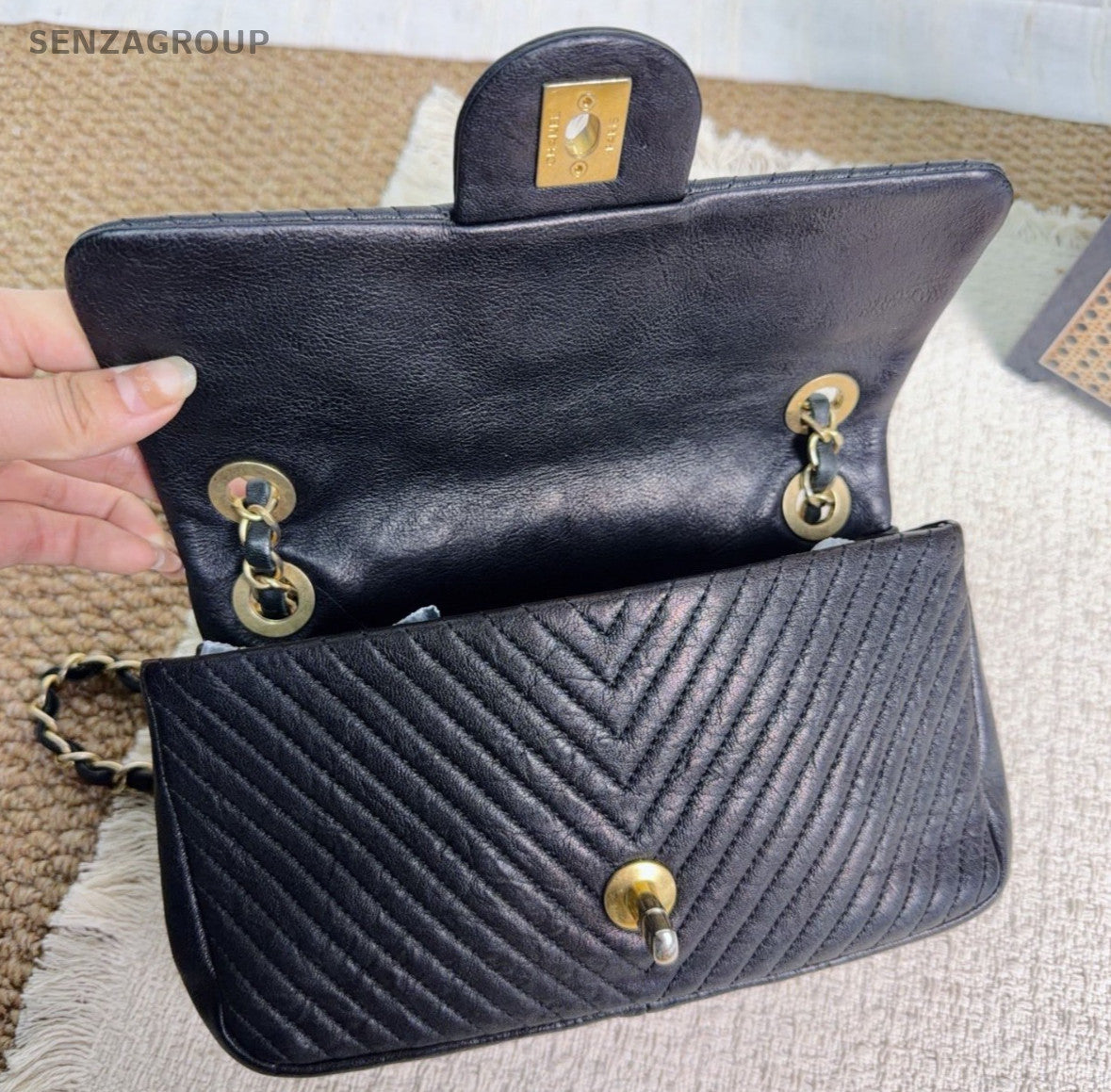 Chanel Classic Flap PM Chain Shoulder Bag Crossbody Chevron Black Gold Women
