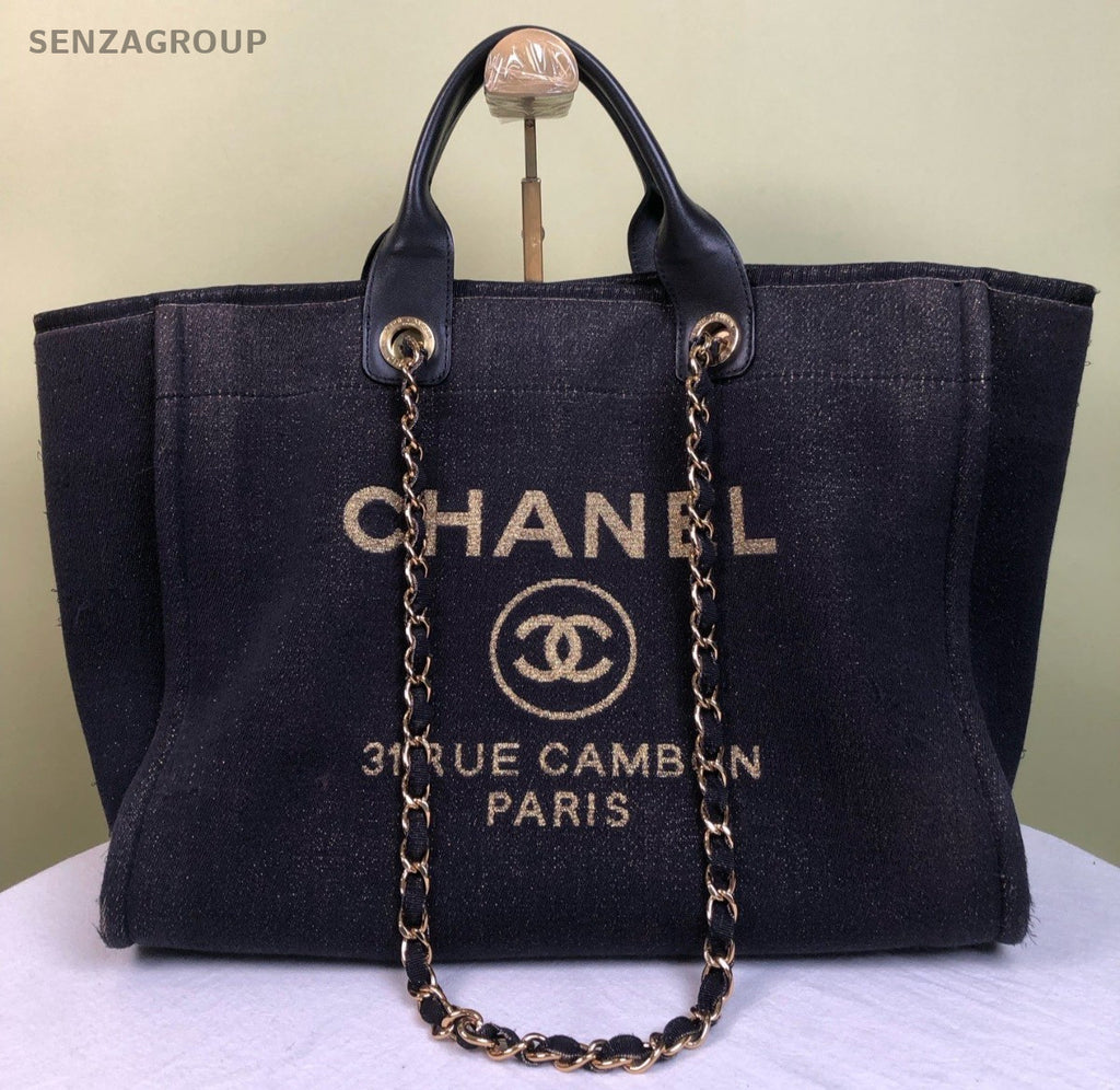 Chanel Denim Chain Tote Shoulder Bag Handbag Blue Gold Used Women Classic
