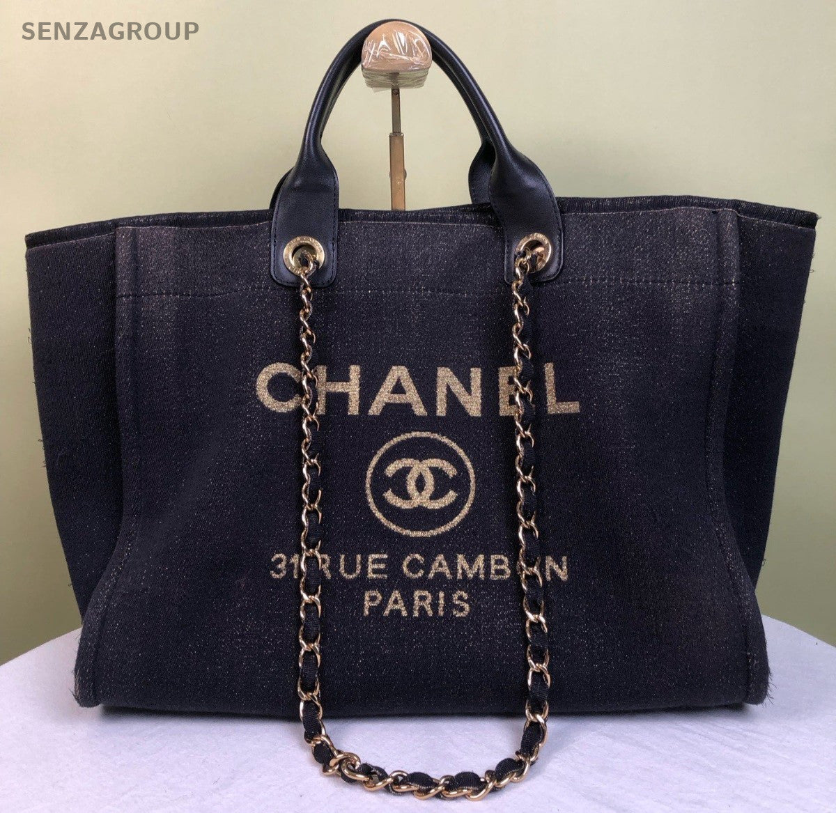 Chanel Denim Chain Tote Shoulder Bag Handbag Blue Gold Used Women Classic