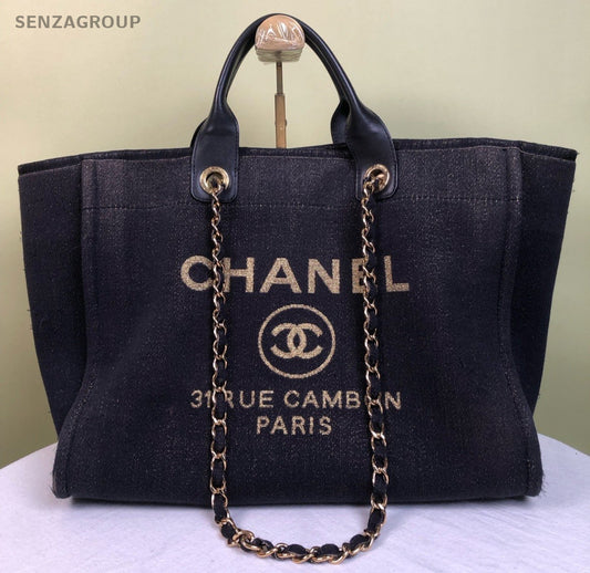 Chanel Denim Chain Tote Shoulder Bag Handbag Blue Gold Used Women Classic