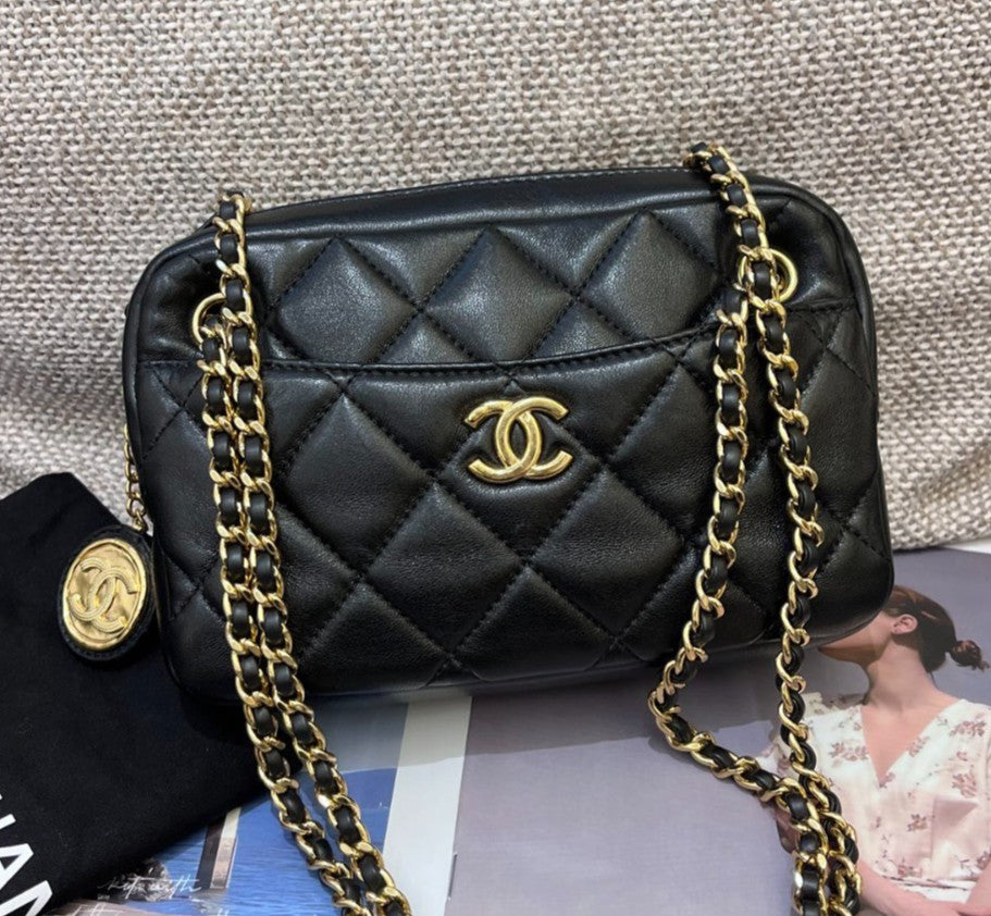 Chanel Diamond PM Camera Case Chain Shoulder Bag Black Gold Women Classic