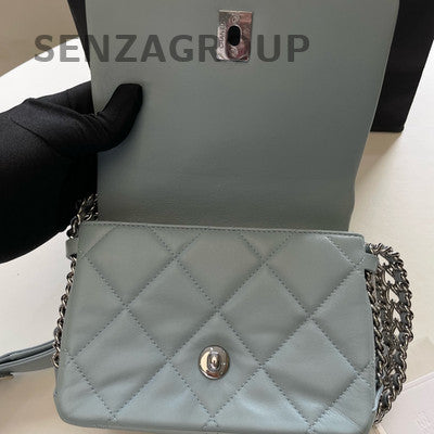 Chanel 22P Waterfall Chain Shoulder Bag Blue Silver Quilted