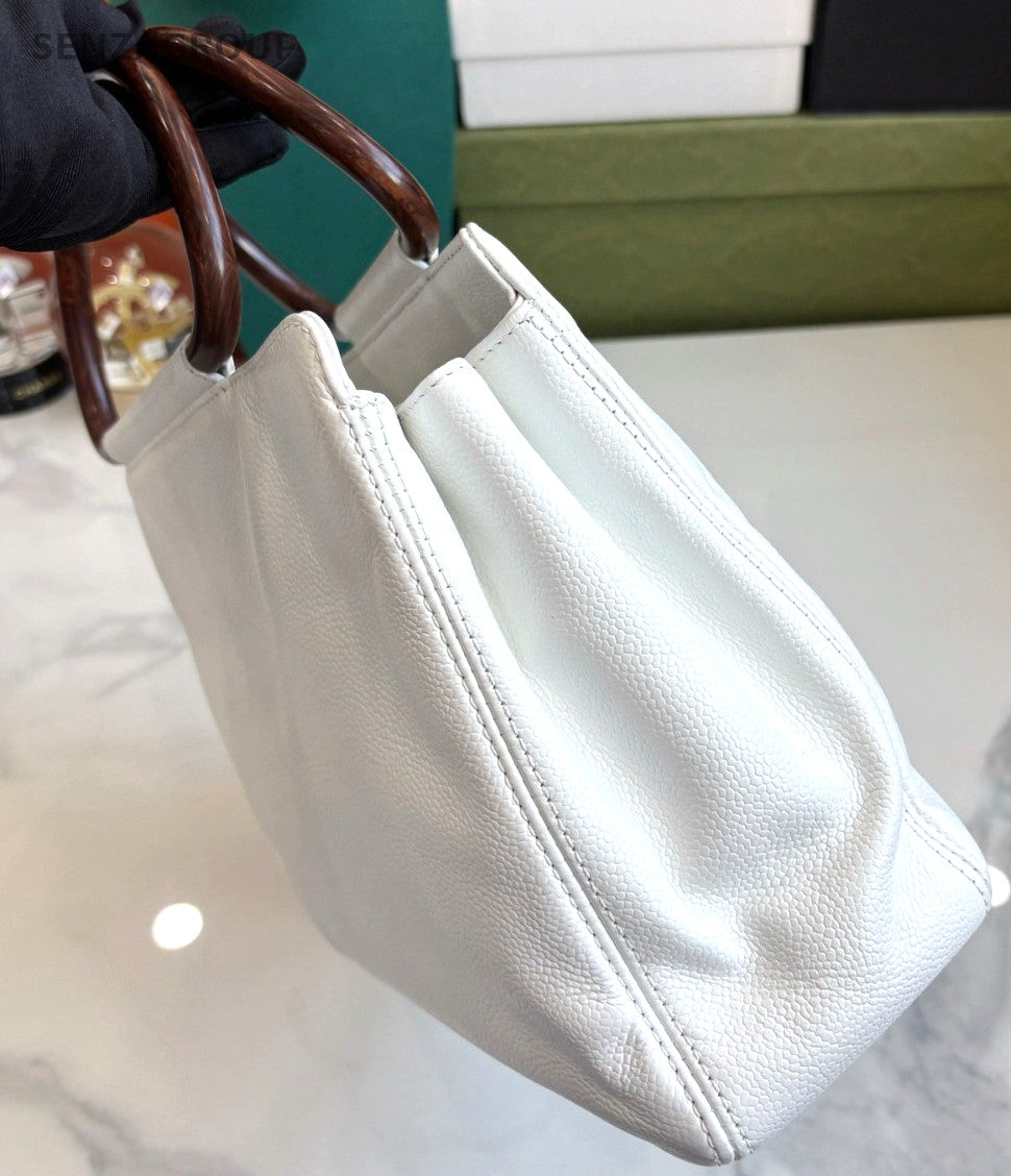 CHANEL CC Top Handle Pear blossom wood handle Handbag Calfskin White Women