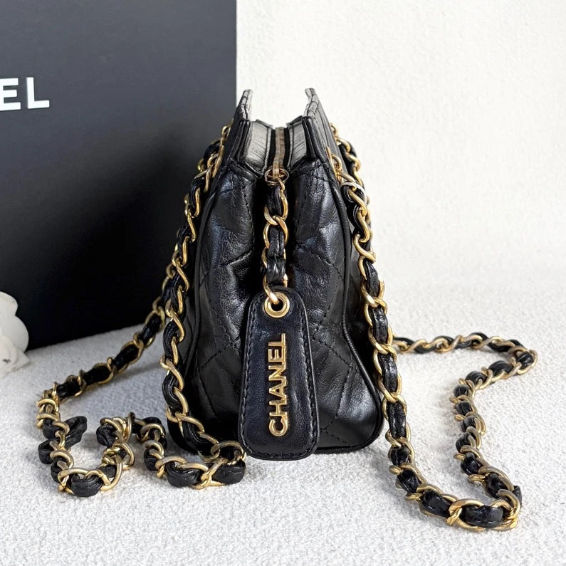 Chanel Calfskin Chain Shoulder Bag Black Gold Diamond Women Classic Vintage