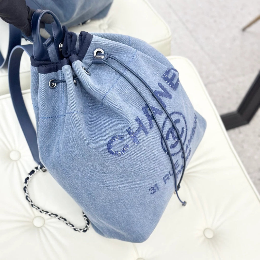Chanel Denim GM Backpack Navy Blue Silver Used Women Classic