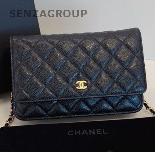 Chanel WOC Chain Shoulder Bag Crossbody Black Gold Women Diamond Classic