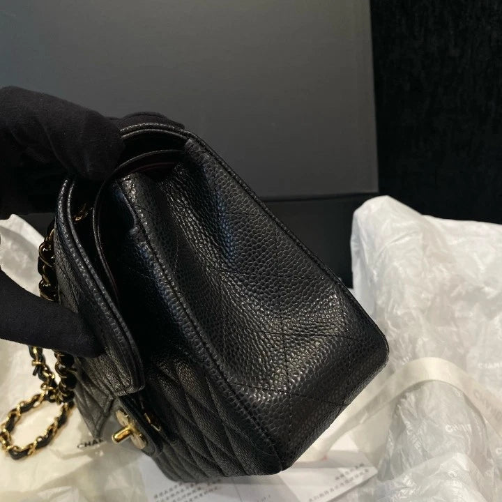 Chanel Classic Flap PM Calfskin Shoulder Crossbody Bag Black Gold Women D