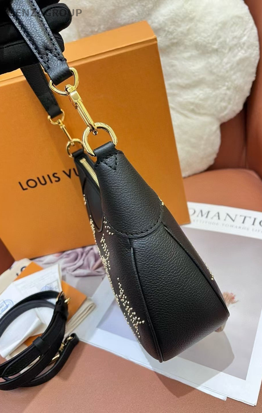 Louis Vuitton STUDS Bagatelle Monogram 2way Shoulder Handbag Women Black