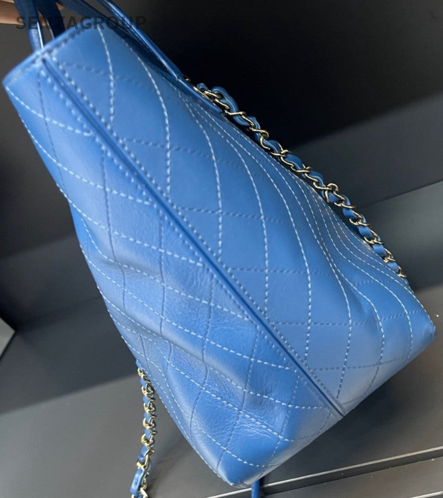 Chanel Calfskin Tote Chain Shoulder Bag Blue Silver Used Women Classic