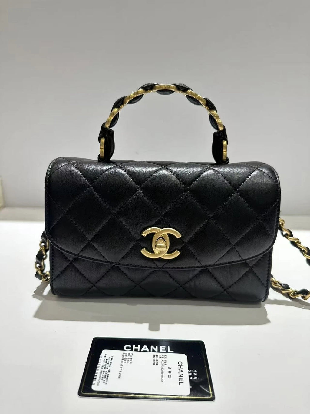 CHANEL Black Lambskin Top Handle Flap Bag For Women