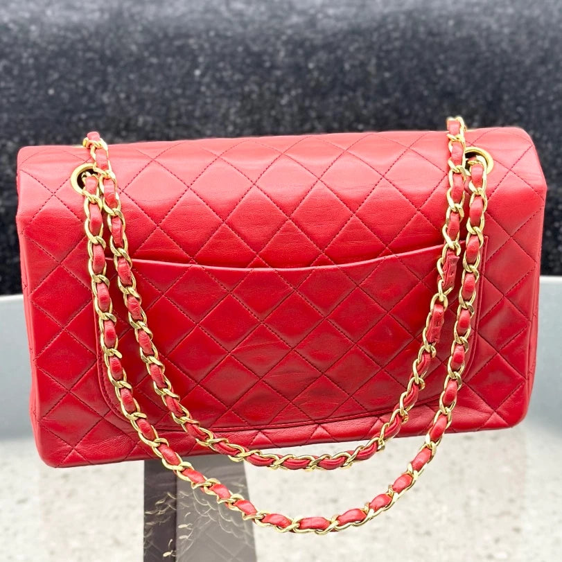 Chanel Vintage Classic Flap Chain Lambskin Shoulder Bag Red Gold Women S