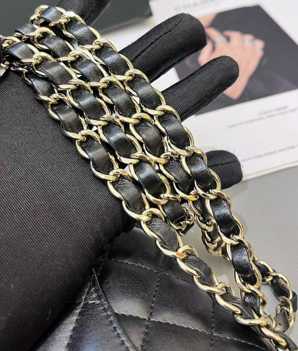 Chanel Diamond Chain Shoulder Bag Crossbody Black Gold Women Designer Classic