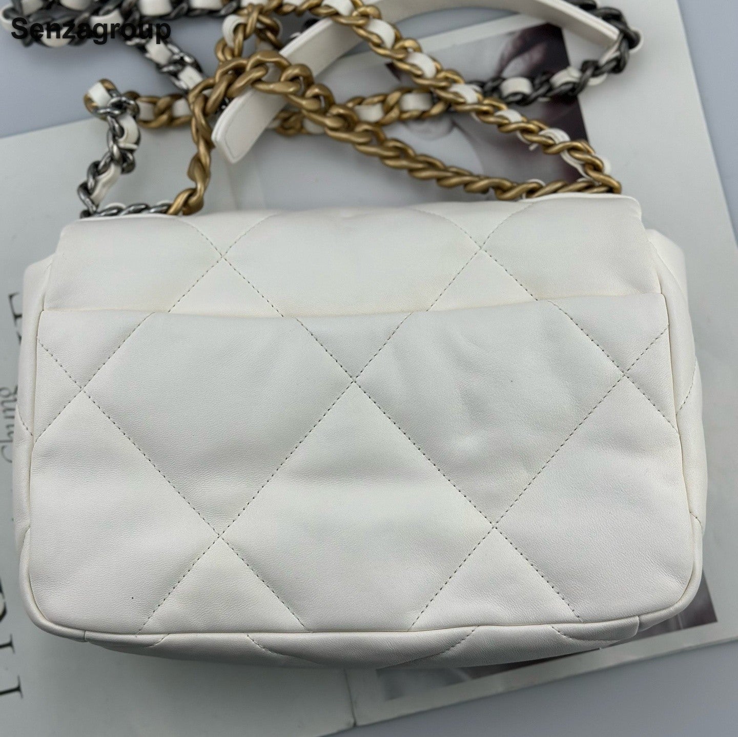 Chanel 19Bag PM Chain Top Handle Shoulder Crossbody White Gold Women Classic