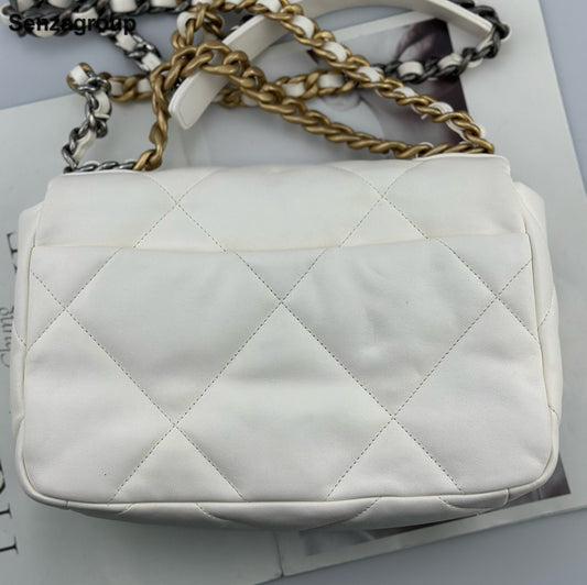 Chanel 19Bag PM Chain Top Handle Shoulder Crossbody White Gold Women Classic