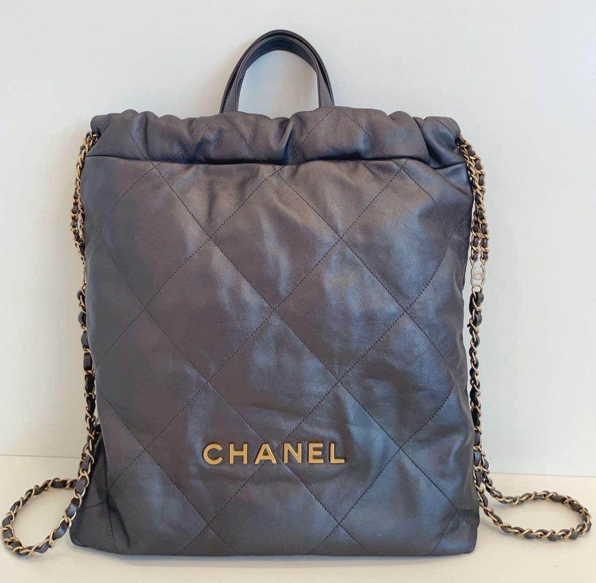 Chanel 222Bag Diamond Chain Backpack Gray Gold Used Women Classic