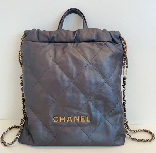 Chanel 222Bag Diamond Chain Backpack Gray Gold Used Women Classic
