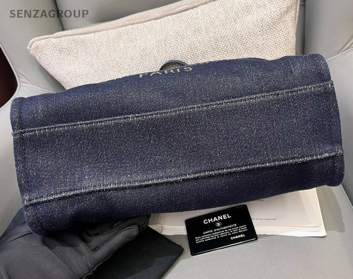Chanel Denim Chain Tote Shoulder Bag Blue Gold Used Women Classic Fashion