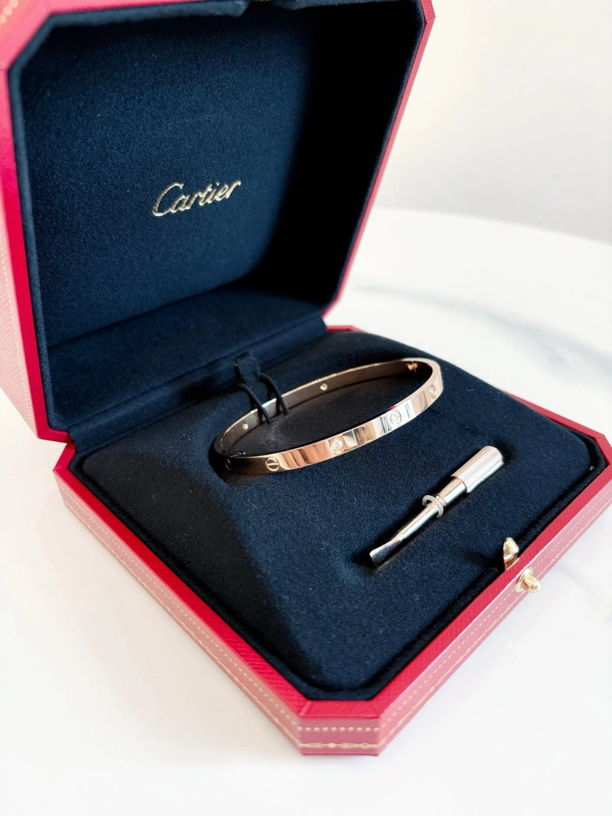 Excellent Cartier Love Medium Bangle Bracelet 4 Diamonds 18K Rose Gold Size19