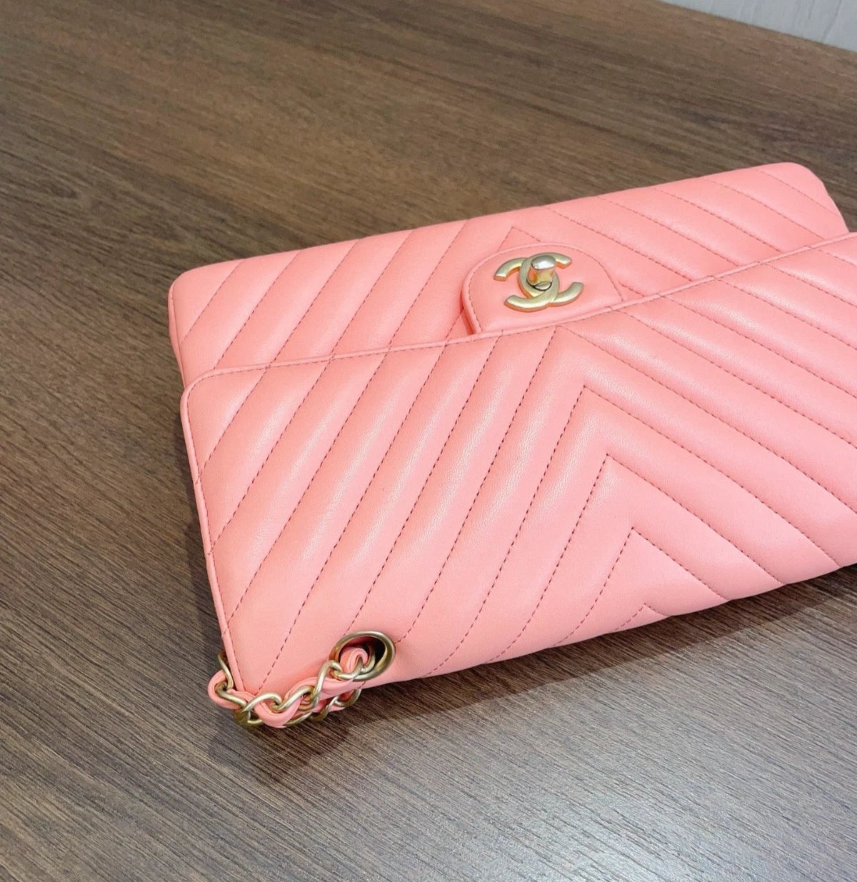 Chanel Classic Flap Chevron Calfskin Turn Lock Shoulder Bag Pink Women