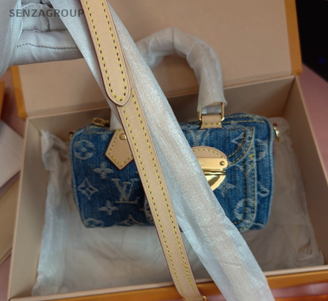 Louis Vuitton Speedy Nano Denim Blue Monogram Top Handle Bag Crossbody Women