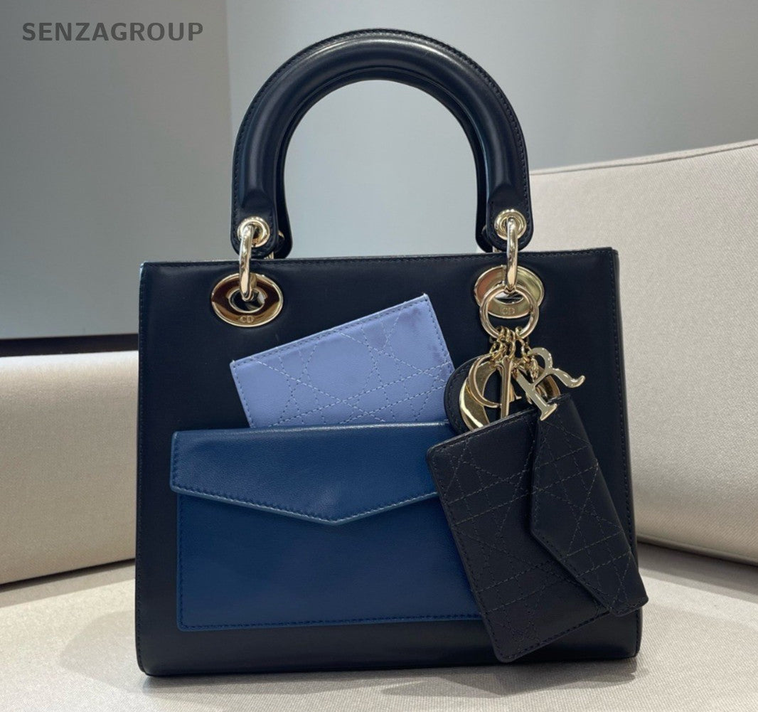 Christian Dior Lady Dior 2Way Top Handle Bag Black Blue Gold Women Classic