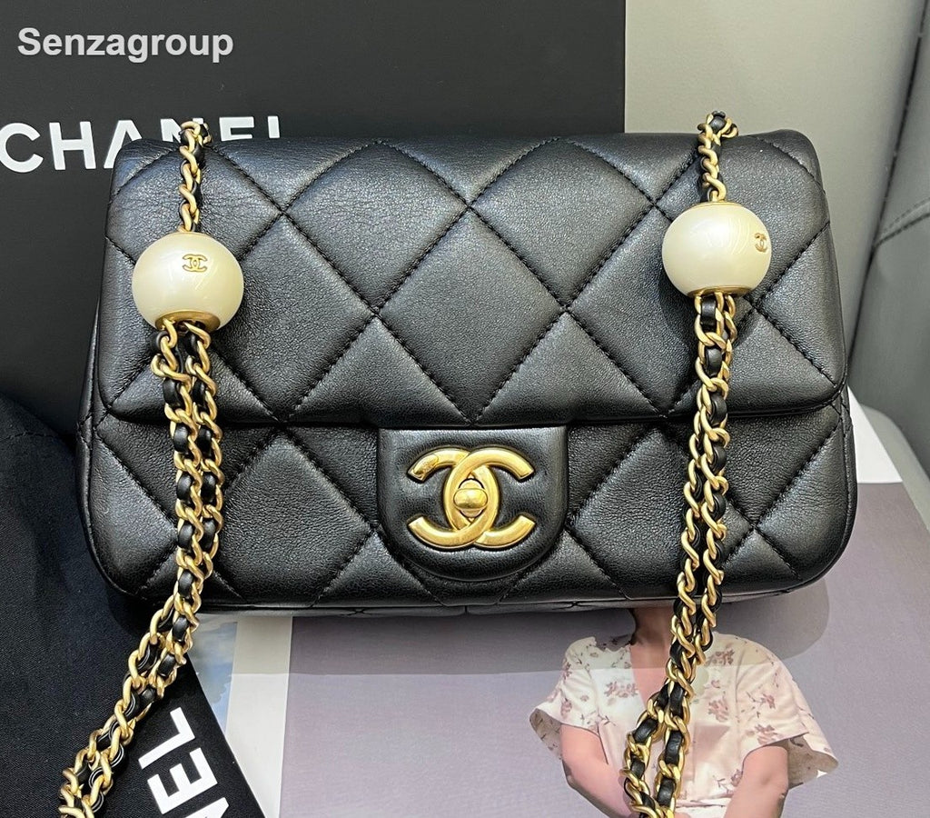 Chanel Classic Flap Lambskin Mini Chain Shoulder Bag Black Gold Diamond Women