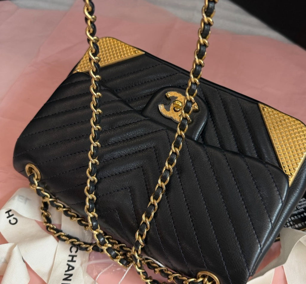 Chanel Classic Flap Mini Calfskin Chain Shoulder Bag Black Gold Women Chevron