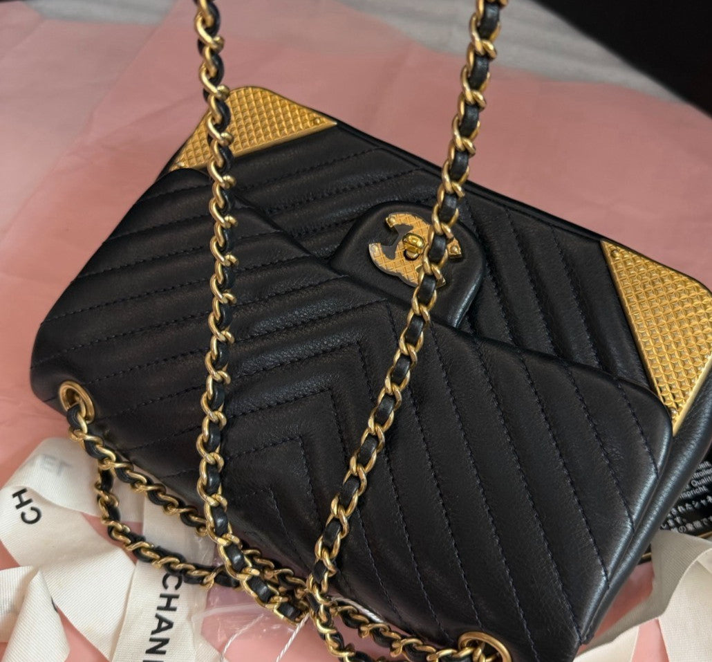 Chanel Classic Flap Mini Calfskin Chain Shoulder Bag Black Gold Women Chevron