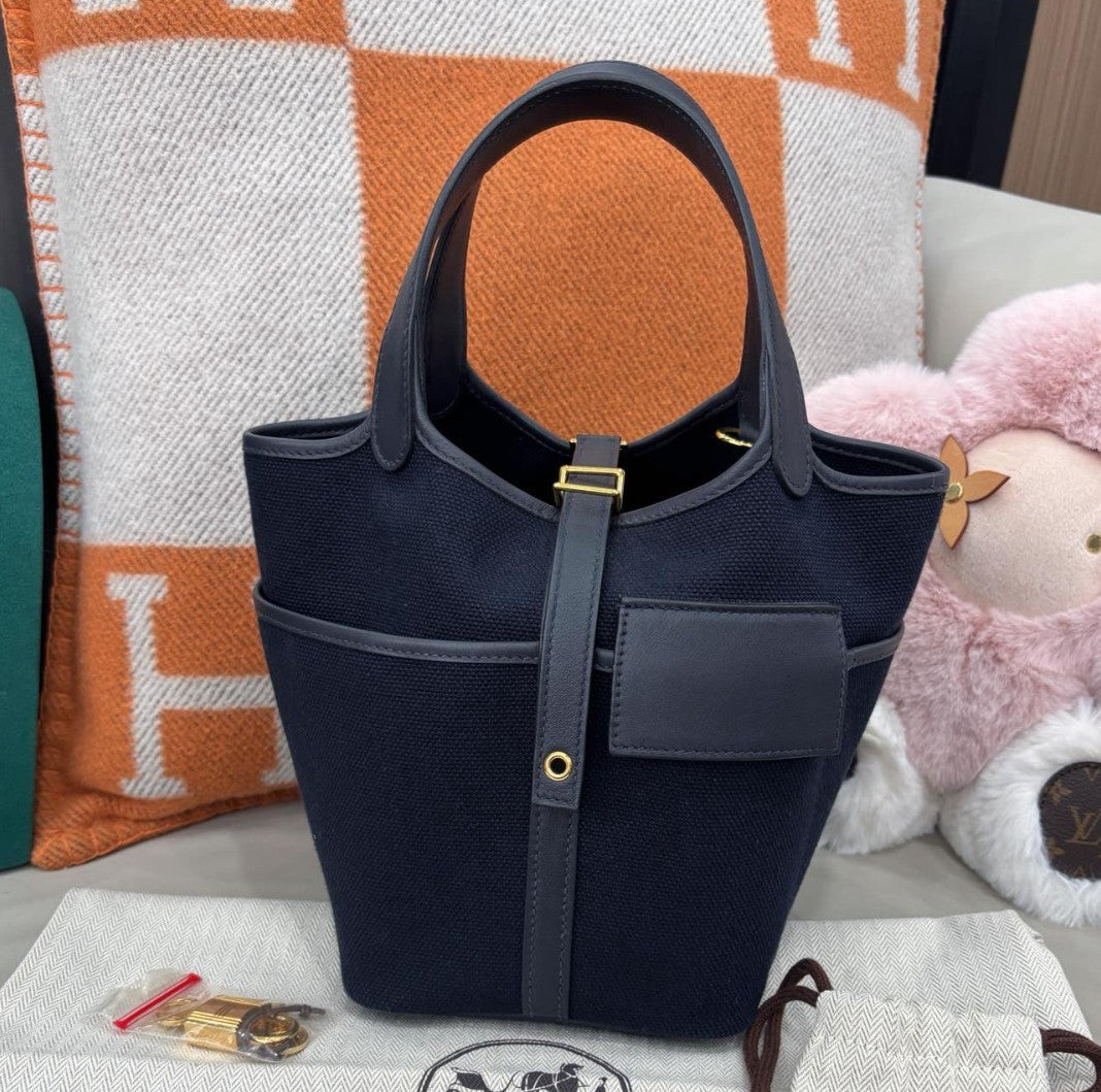 Hermes Cargo Picotin18 Top Handle Bag Blue Gold Used Women Classic Fashion