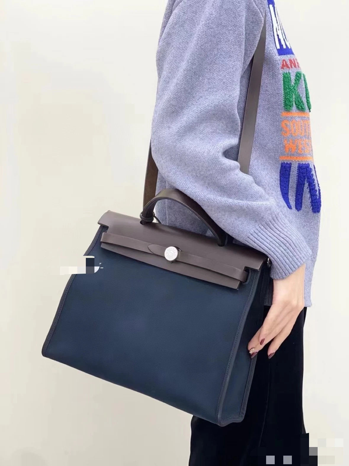 Hermes Herbag31 Navy Canvas Handbag Shoulder Bag Silver Hardware