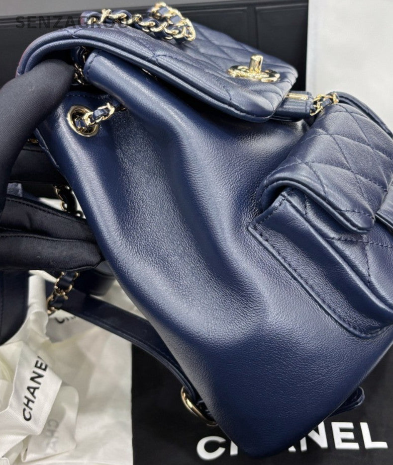 Chanel Duma MM Calfskin Backpack Blue Gold Used Women Classic