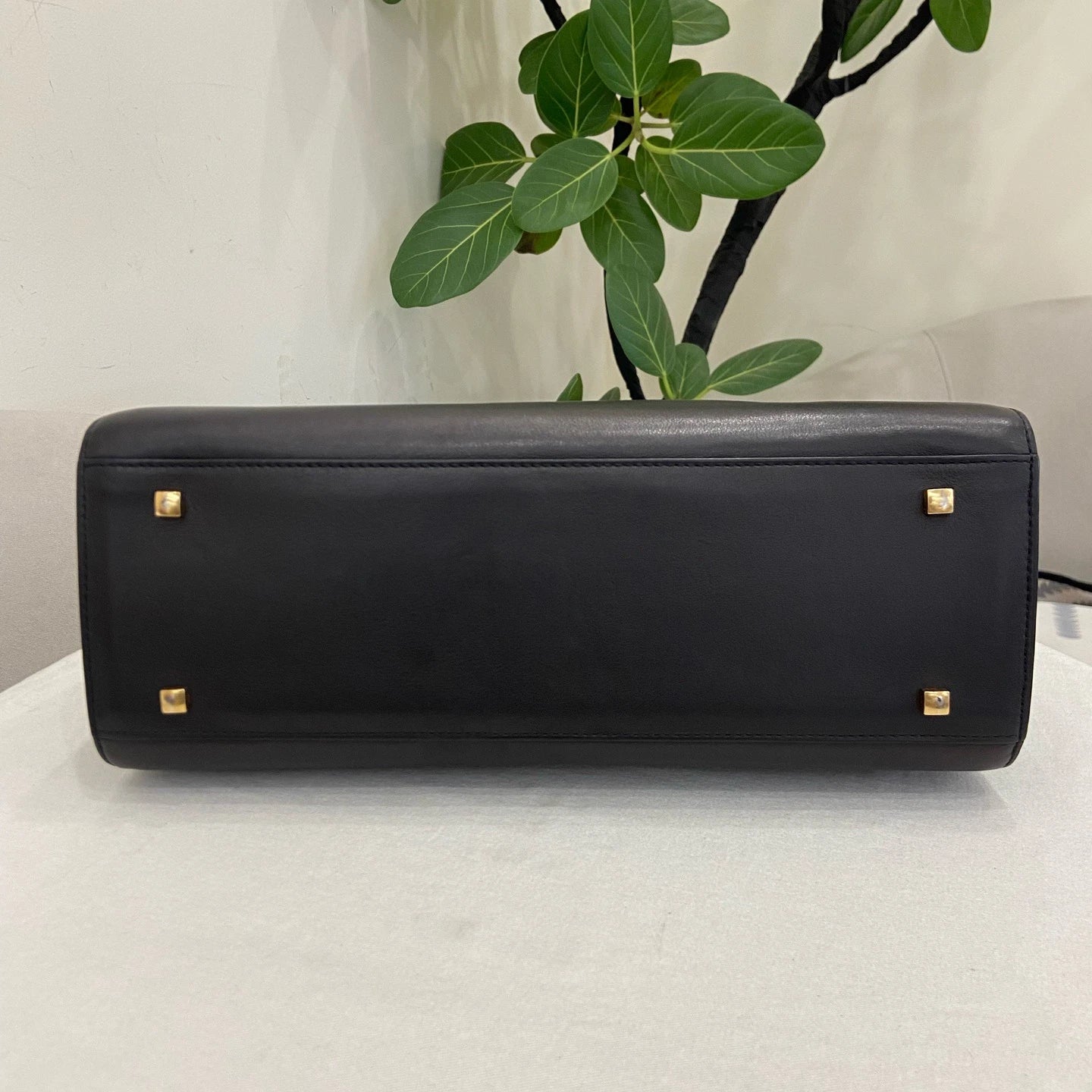 Delvaux Tempete MM Calfskin Top Handle Shoulder Bag Black Gold Women Classic