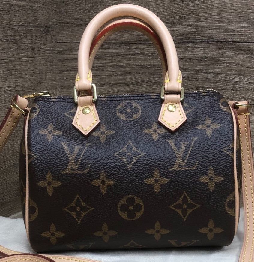 Louis Vuitton Speedy Nano Monogram Shoulder Bag Crossbody Brown Gold Used Women