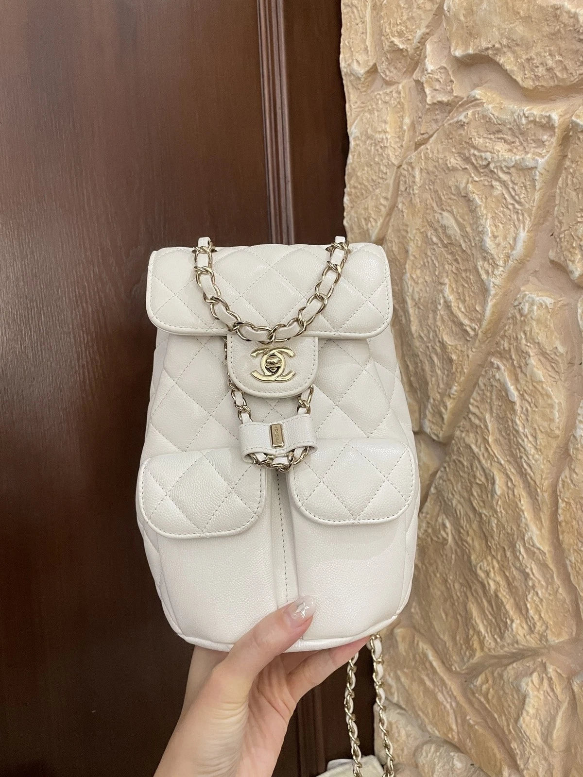 Chanel Small Caviar Leather Backpack White Gold For Women