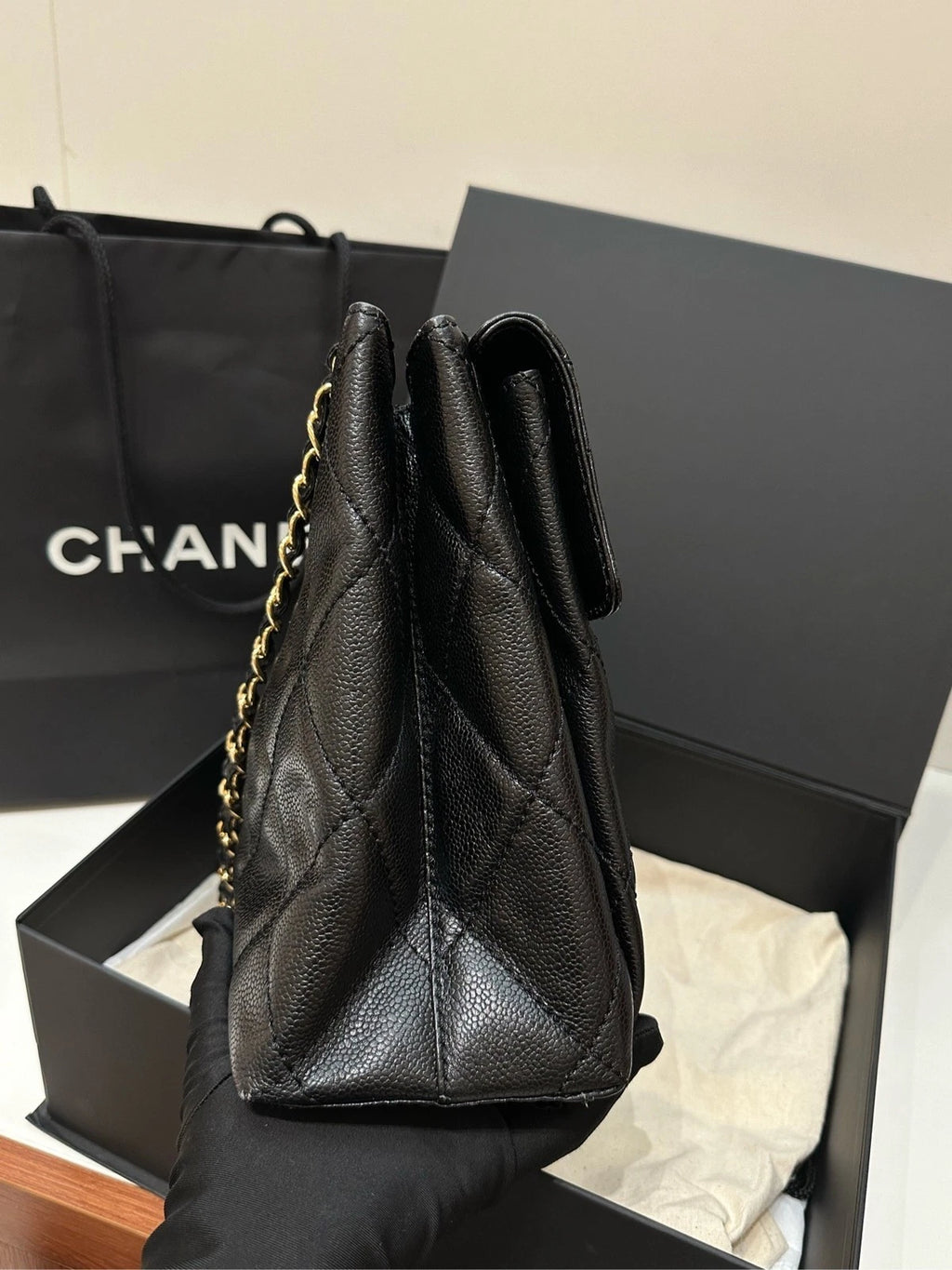 CHANEL Black Caviar Leather Messenger Chain Bag For Women