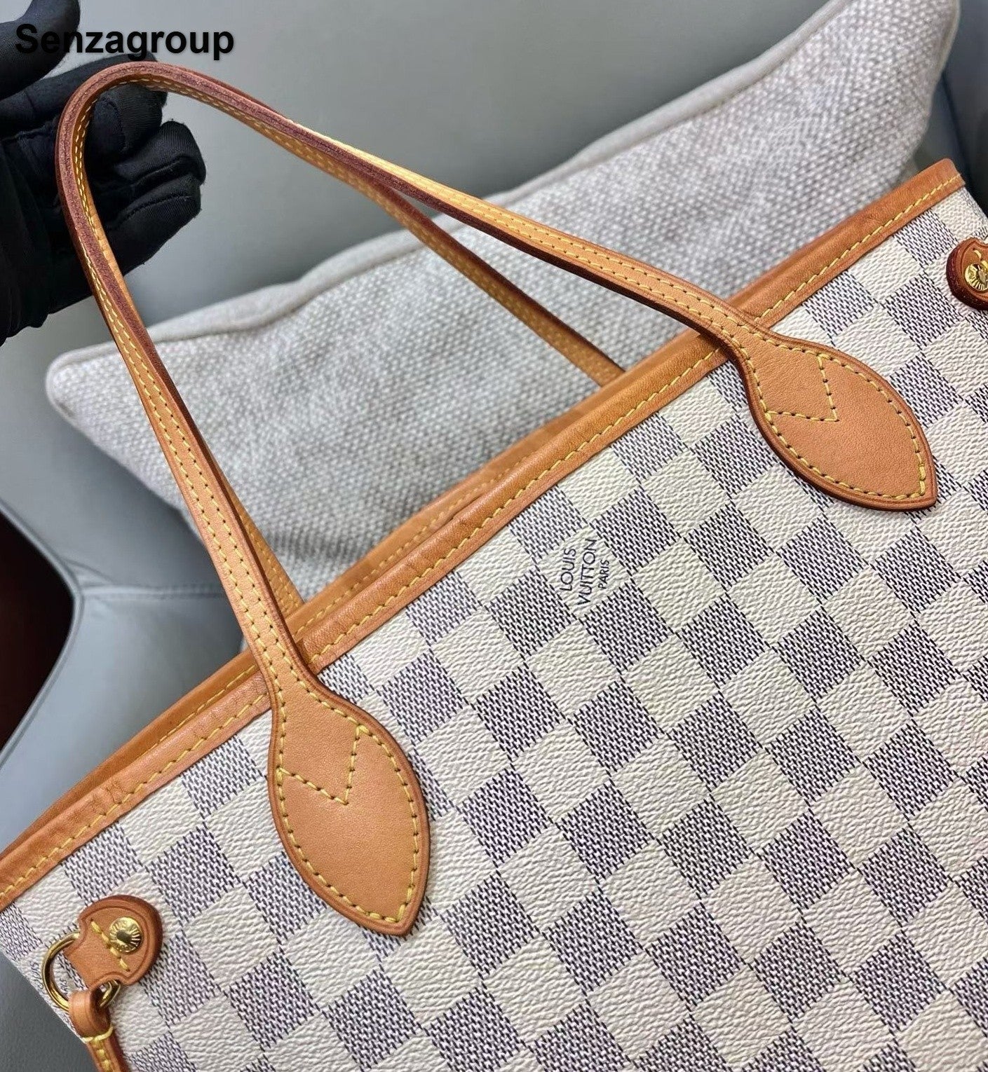 Louis Vuitton Neverfull PM Damier Ebene Shoulder Bag White Gold Women Classic