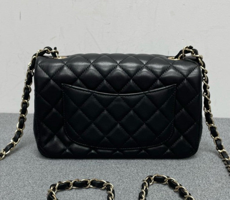 Chanel Classic Flap Lambskin Mini Chain Shoulder Bag Black Gold Women Fashion