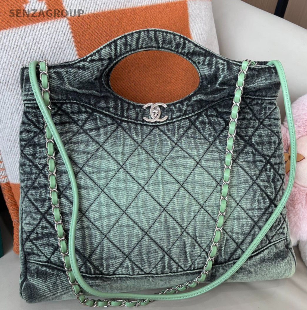 Chanel 31Bag Denim Chain Shoulder Bag Green Silver Diamond Women Classic