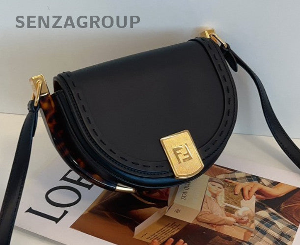 FENDI Moonligth Leather Black gold Saddle bag Shoulder bag Crossbody