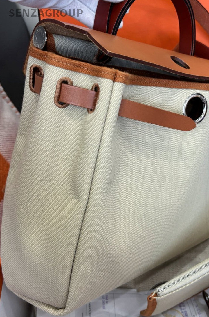 Hermes Herbag PM Canvas Top Handle Bag Crossbody White Silver Women Classic