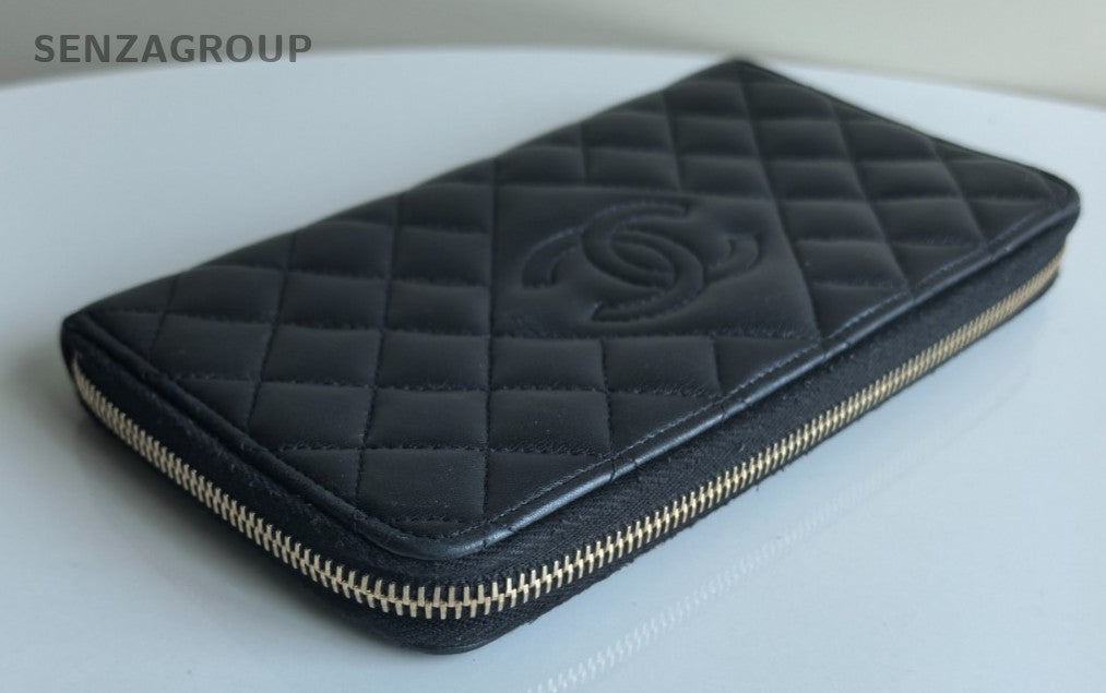 CHANEL CC Logo Long Wallet Diamond Pattern Black Silver