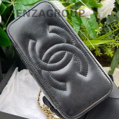 Chanel 24P Black Gold Heart Chain Long Box Makeup Bag Crossbody